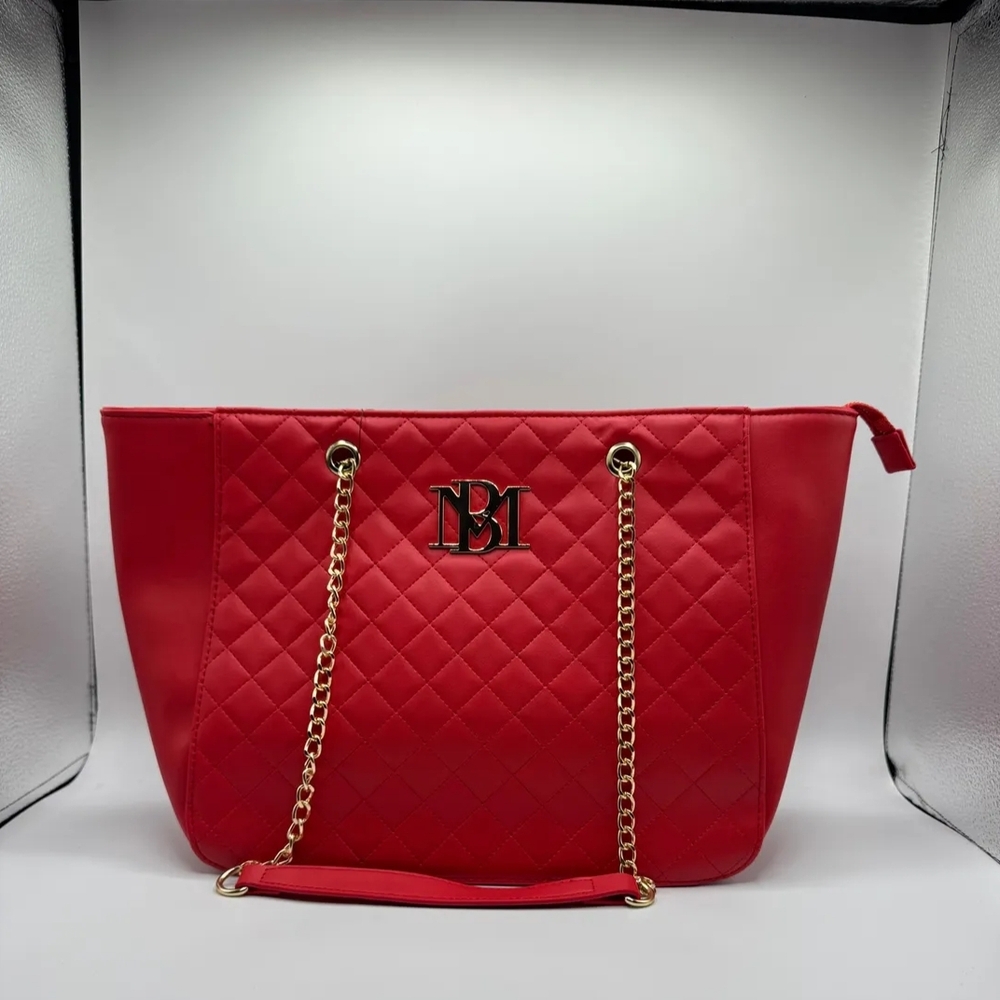 Badgley Mischka Red Quilted Tote Bag with Gold Chain